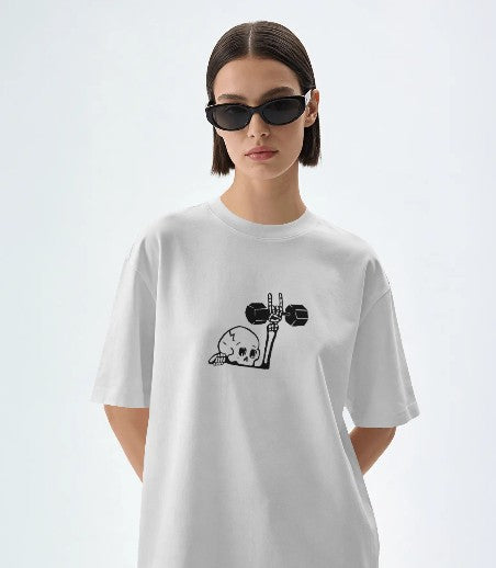 Oversized Printed T-shirt - Dumbbell Skull