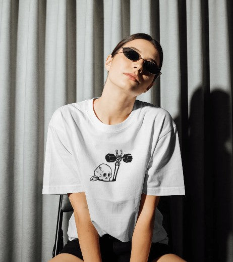 Oversized Printed T-shirt - Dumbbell Skull