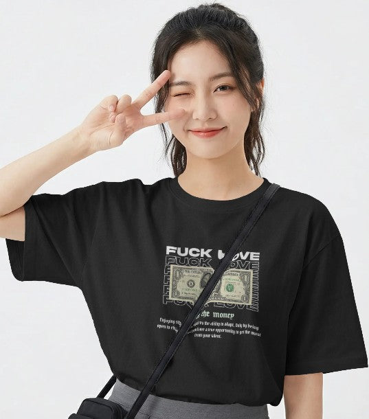 Oversized Printed T-shirt - Fuck Love, Focus on the Money
