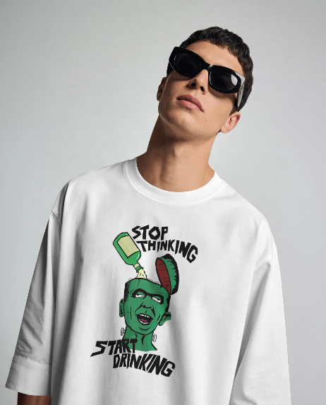 Oversized Printed T-shirts - Stop Thinking Start Drinking